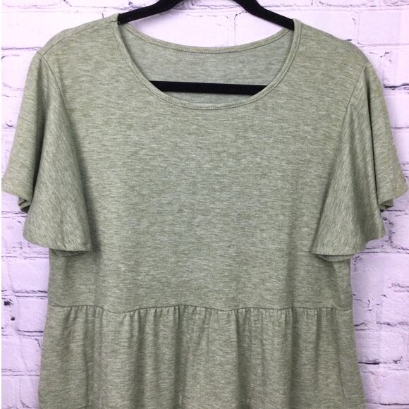 Hibluco Round Neck Flared Short Sleeve Soft Tiered Babydoll Green Tunic Top Sz L - Picture 2 of 9
